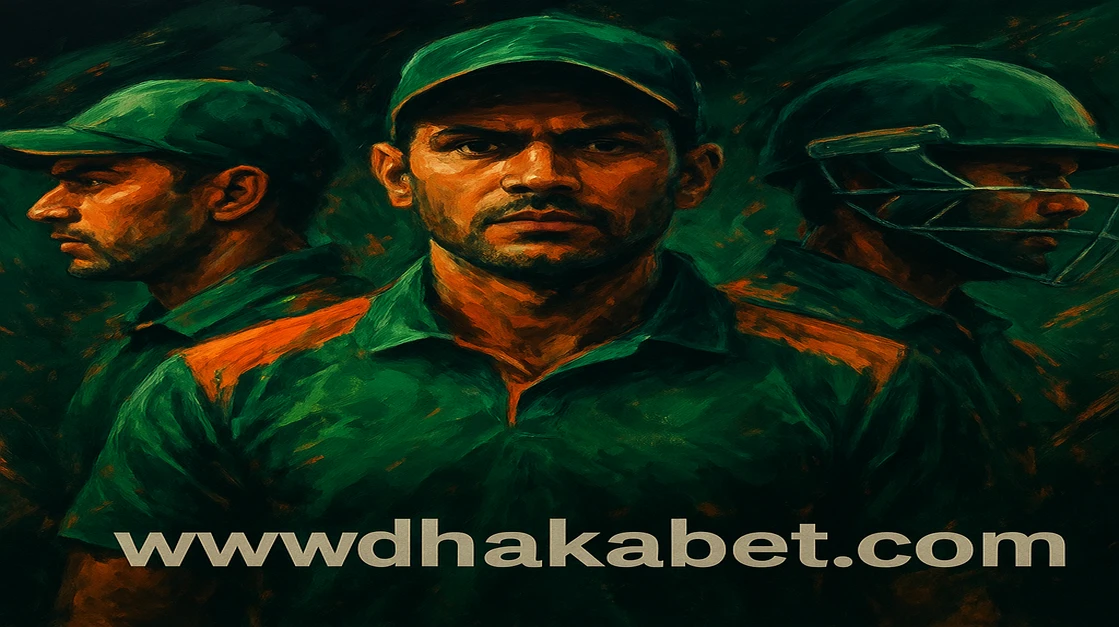 বাংলাদেশ ক্রিকেট দল মাঠে নড়াচড়া করছে, স্ক্রিনে Dhaka game ব্র্যান্ডসহ লাইভ ম্যাচ পরিসংখ্যান ও খেলার তথ্য প্রদর্শিত হচ্ছে।